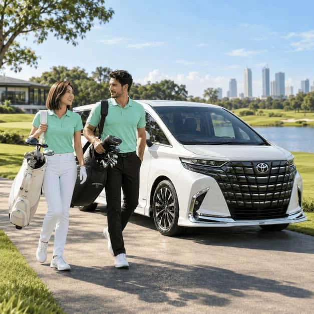 Modellista vehicle parked beside a golf course